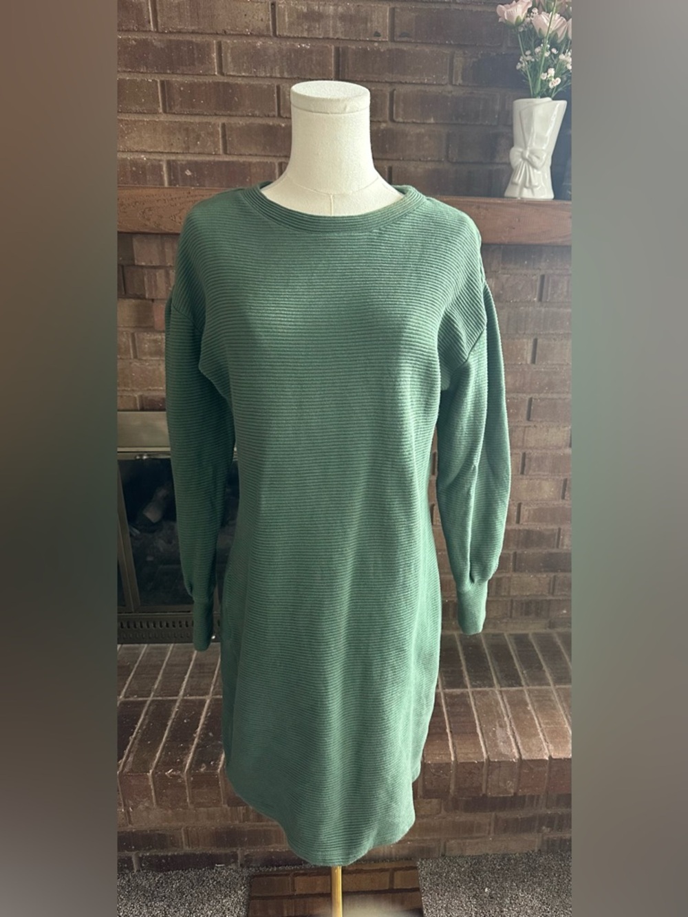 Albion Fit Green Ribbed Knit Shift Dress - Earthy Cottagecore - Medium